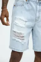 Classic Distressed Relaxed Denim Shorts(Light Blue Wash,30)
