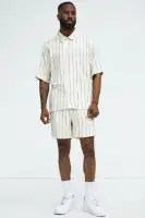 Slub Striped Linen Short Sleeve Button Up(Cream/combo,S)