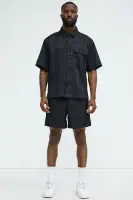 Plaid Crinkle Closed Collar Shirt(Black,S)