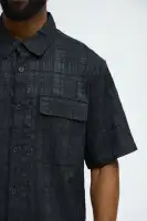Plaid Crinkle Closed Collar Shirt(Black,S)