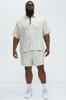 Slub Striped Linen Short Sleeve Button Up(Cream/combo,S)