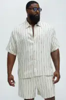 Slub Striped Linen Short Sleeve Button Up(Cream/combo,S)