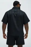 Plaid Crinkle Closed Collar Shirt(Black,S)