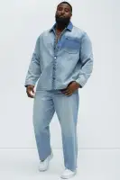Sun Faded Denim Work Shirt(Light Wash,S)
