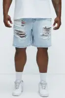 Classic Distressed Relaxed Denim Shorts(Light Blue Wash,30)