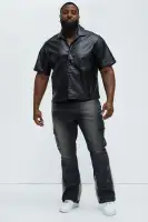 Slam Dunk Faux Leather Short Sleeve Button Up(Black,S)