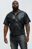 Slam Dunk Faux Leather Short Sleeve Button Up(Black,S)