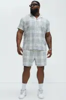 Breezy Cotton Plaid Short Sleeve Button Up(Blue/combo,S)