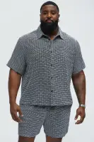 Textured Chenille Pattern Button Up Shirt(Black/White,S)