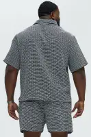 Textured Chenille Pattern Button Up Shirt(Black/White,S)