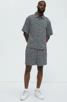 Textured Chenille Pattern Button Up Shirt(Black/White,S)