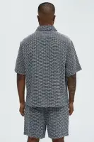 Textured Chenille Pattern Button Up Shirt(Black/White,S)