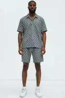 Diamonds Short Sleeve Button Up(Grey/combo,S)