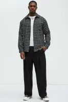Jacquard Twill Plaid Long Sleeve Button Up(Black/White,S)