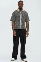 Zigzag Open Knit Crochet Cuban Shirt(Black/combo,S)