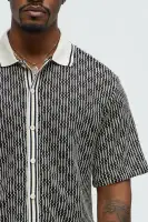 Zigzag Open Knit Crochet Cuban Shirt(Black/combo,S)