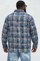 Charles Acid Wash Relaxed Flannel Shirt(Blue/combo,S)