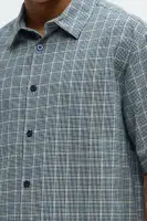 Cropped Houndstooth Plaid Button Up Shirt(Blue/combo,S)