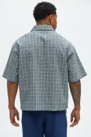 Cropped Houndstooth Plaid Button Up Shirt(Blue/combo,S)
