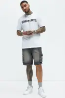 Stretch Waist Relaxed Denim Cargo Shorts(Black Wash,S)