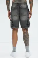 Stretch Waist Relaxed Denim Cargo Shorts(Black Wash,S)