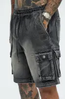Stretch Waist Relaxed Denim Cargo Shorts(Black Wash,S)