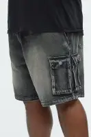 Stretch Waist Relaxed Denim Cargo Shorts(Black Wash,S)