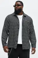 Jacquard Twill Plaid Long Sleeve Button Up(Black/White,S)