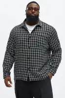Jacquard Twill Plaid Long Sleeve Button Up(Black/White,S)