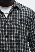 Jacquard Twill Plaid Long Sleeve Button Up(Black/White,S)