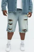 Back To It Distressed Baggy Denim Shorts(Light Blue Wash,30)
