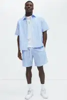 Seersucker Short Sleeve Button Up Shirt(Blue/combo,S)