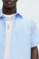 Seersucker Short Sleeve Button Up Shirt(Blue/combo,S)