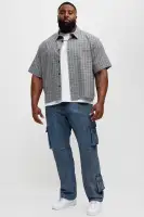 Cropped Houndstooth Plaid Button Up Shirt(Blue/combo,S)