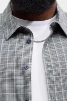 Cropped Houndstooth Plaid Button Up Shirt(Blue/combo,S)