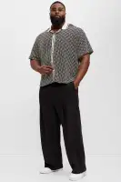 Zigzag Open Knit Crochet Cuban Shirt(Black/combo,S)