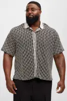 Zigzag Open Knit Crochet Cuban Shirt(Black/combo,S)