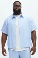 Seersucker Short Sleeve Button Up Shirt(Blue/combo,S)