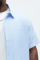 Seersucker Short Sleeve Button Up Shirt(Blue/combo,S)