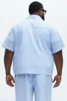 Seersucker Short Sleeve Button Up Shirt(Blue/combo,S)