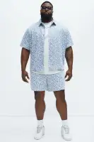 Jacquard Foliage Short Sleeve Shirt(Blue/combo,S)