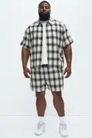 Plaid Waffle Texture Button Up Shirt(Black/combo,S)
