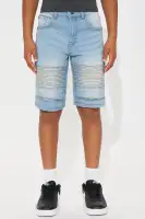 Mini Acid Wash Denim Moto Shorts