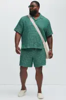 Dimensional Textured Button Up Shirt(Green/combo,S)