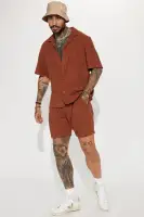 Dean Textured Short Sleeve Button Up Shirt(Chocolate,S)