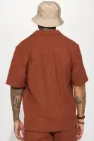 Dean Textured Short Sleeve Button Up Shirt(Chocolate,S)
