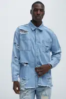 Essential Distressed Denim Woven Top(Light Wash,S)