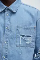 Essential Distressed Denim Woven Top(Light Wash,S)