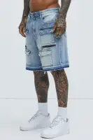 Washed Utility Relaxed Denim Shorts(Medium Wash,30)