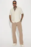 Half Crochet Pattern Short Sleeve Button Up Shirt(Cream,S)